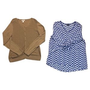 LOFT and Kiara Bundle Cardigan Women’s Large Tan Button Up Blue and White Stripe